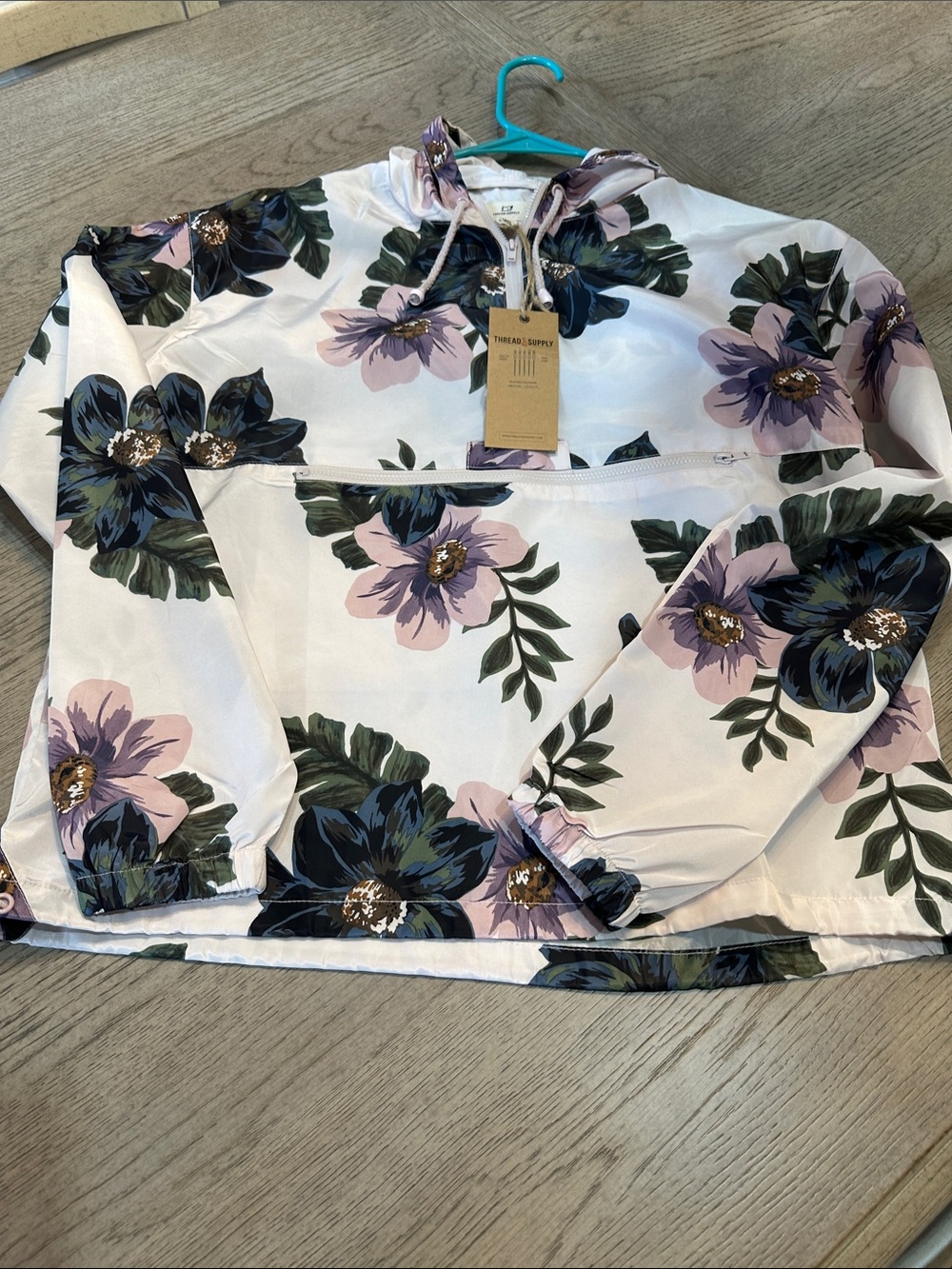 Thread & Supply White Hooded Floral Anorak with Navy & Lavender Blooms